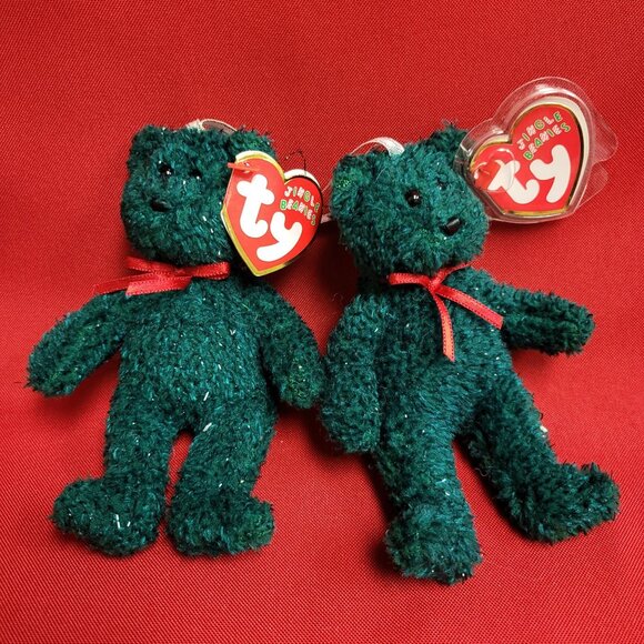 Holiday Green Teddy Ty Jingle Beanies Set of 2 Plush Christmas Ornaments 2004 - Picture 9 of 12